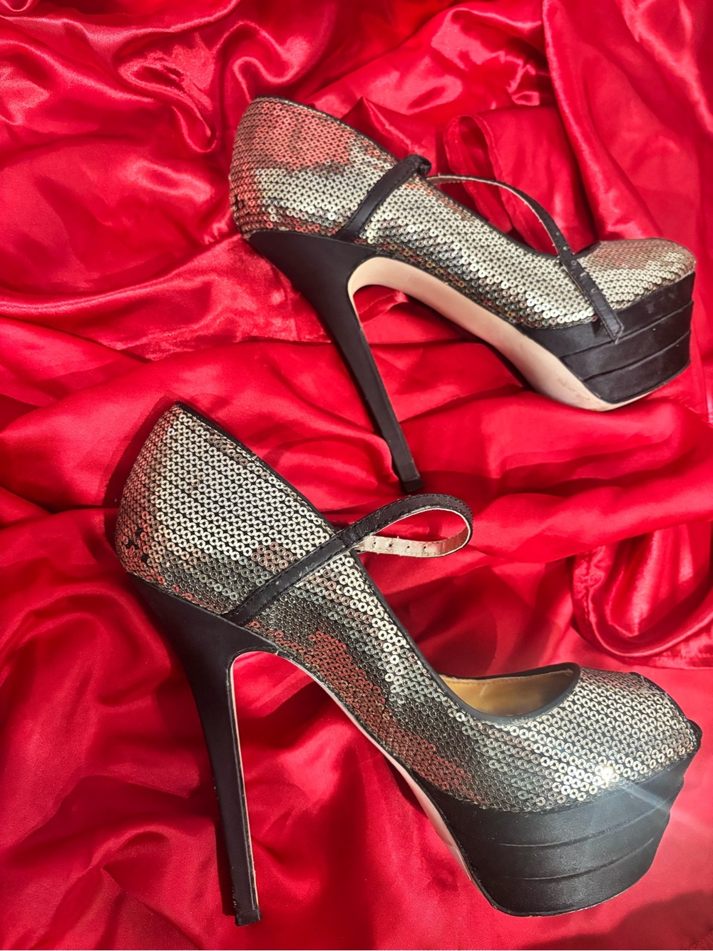 bebe Silver Sequin Platform Mary Jane Heels